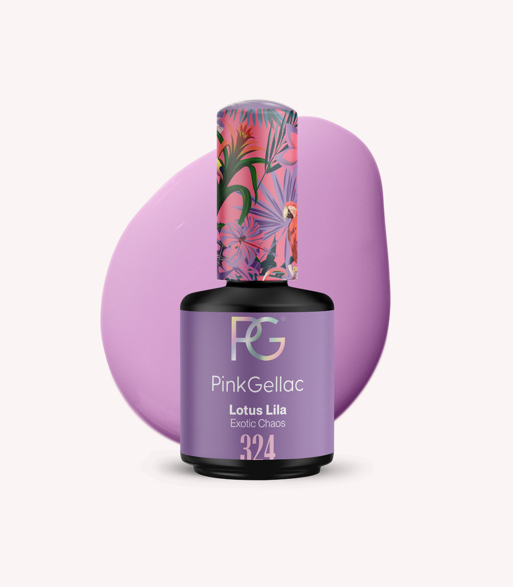 Bottle of PinkGellac nail polish in the color Lotus Lilac, with a colorful, exotic packaging and a drop of lilac polish in the background.