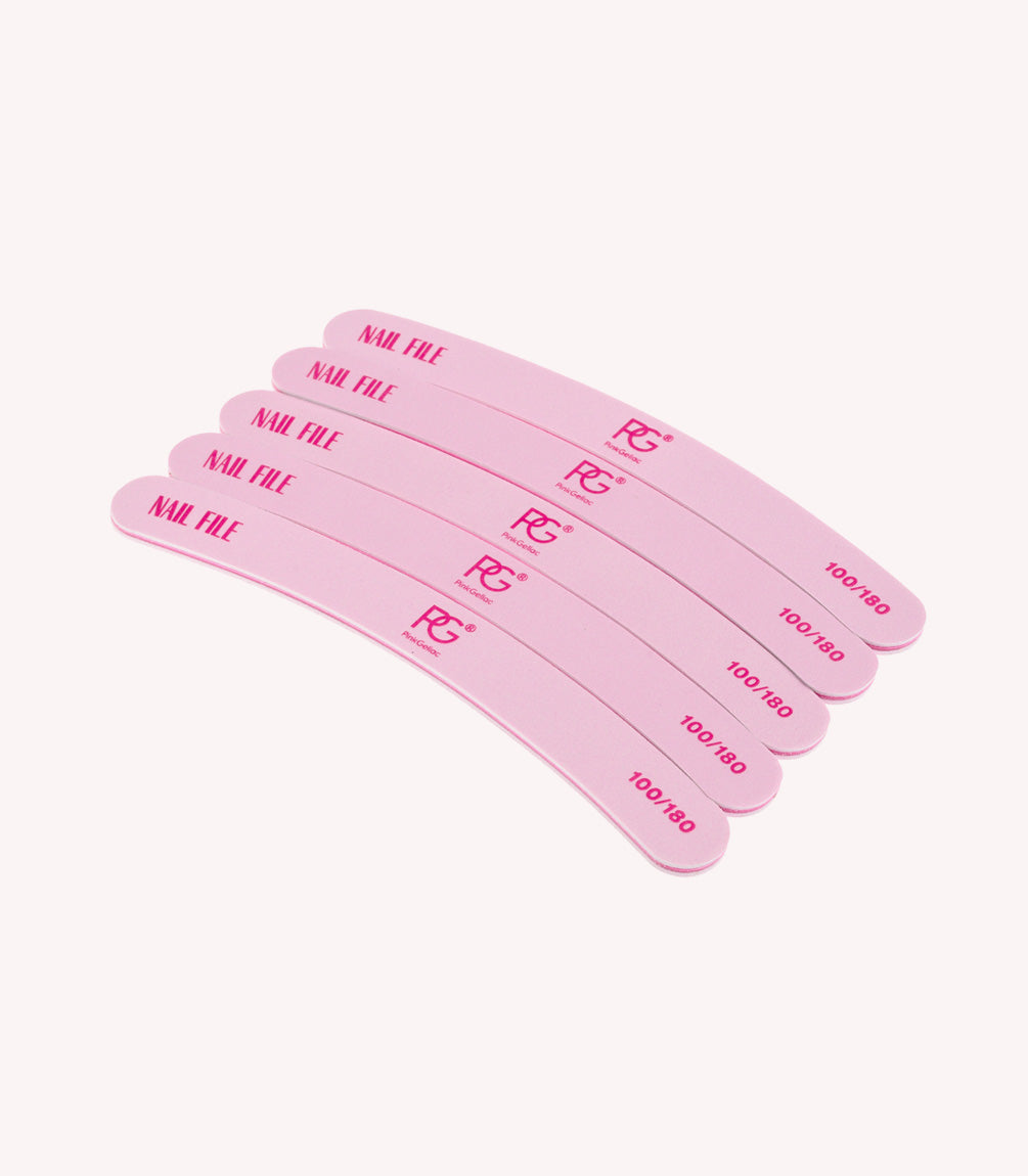 Five pink nail files in a fan pattern on a white background.