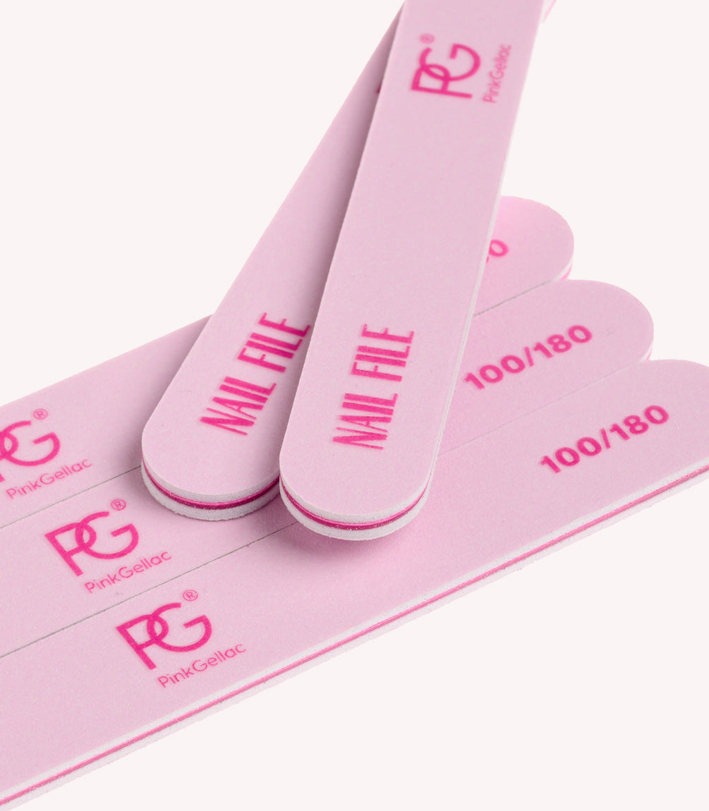 Pink nail files with the text "NAIL FILE" and "100/180", and the brand logo "PG PinkGellac".