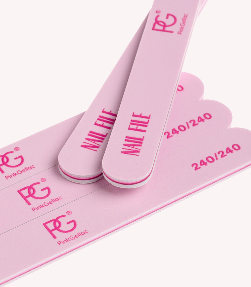Pink nail files with the inscription "Nail File" and brand name "Pink Gellac", numbered as 240/240.