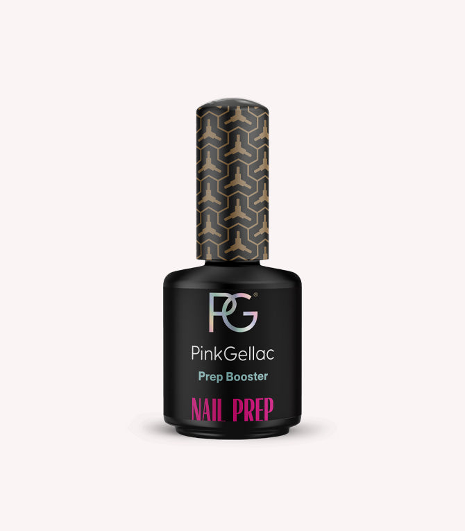 Black bottle with Pink Gellac Prep Booster and decorative pattern on the cap.