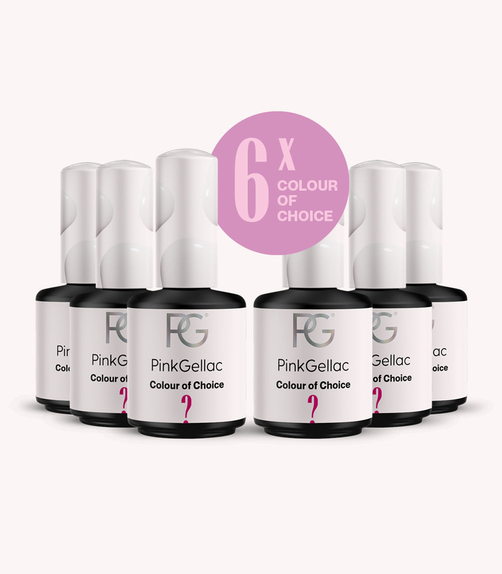 Six bottles of Pink Gellac nail polish with the text "Colour of Choice" and a purple circle with "6x" on it.