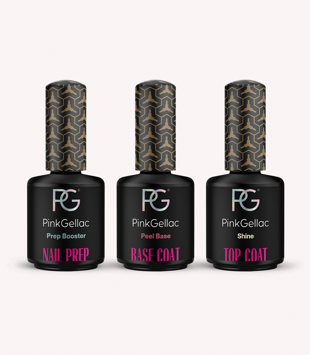 Three bottles of Pink Gellac nail polish: Nail Prep, Base Coat, Top Coat. They have black bottles and decorative caps.