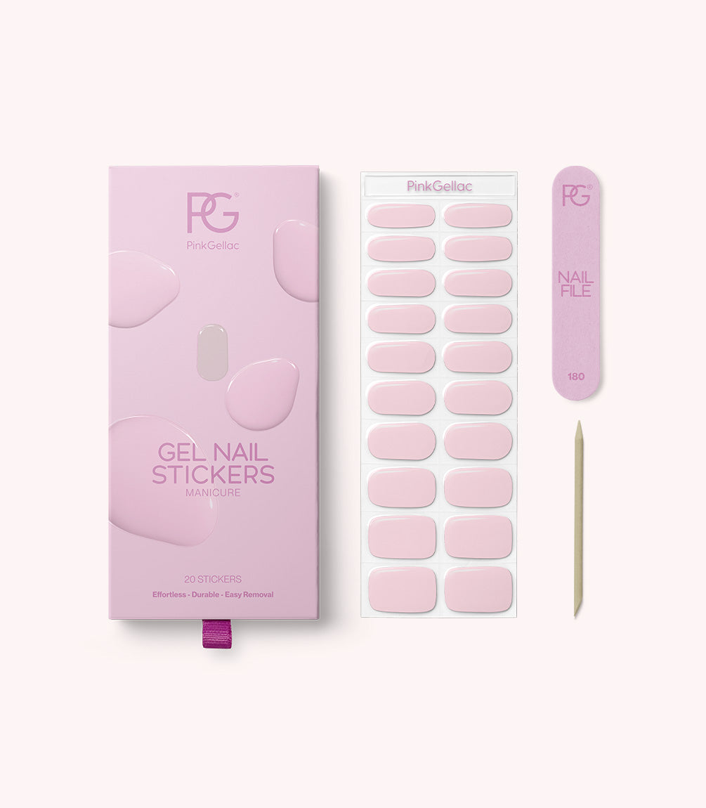 Package with pink gel nail stickers, files and wooden nail stick from Pink Gellac.