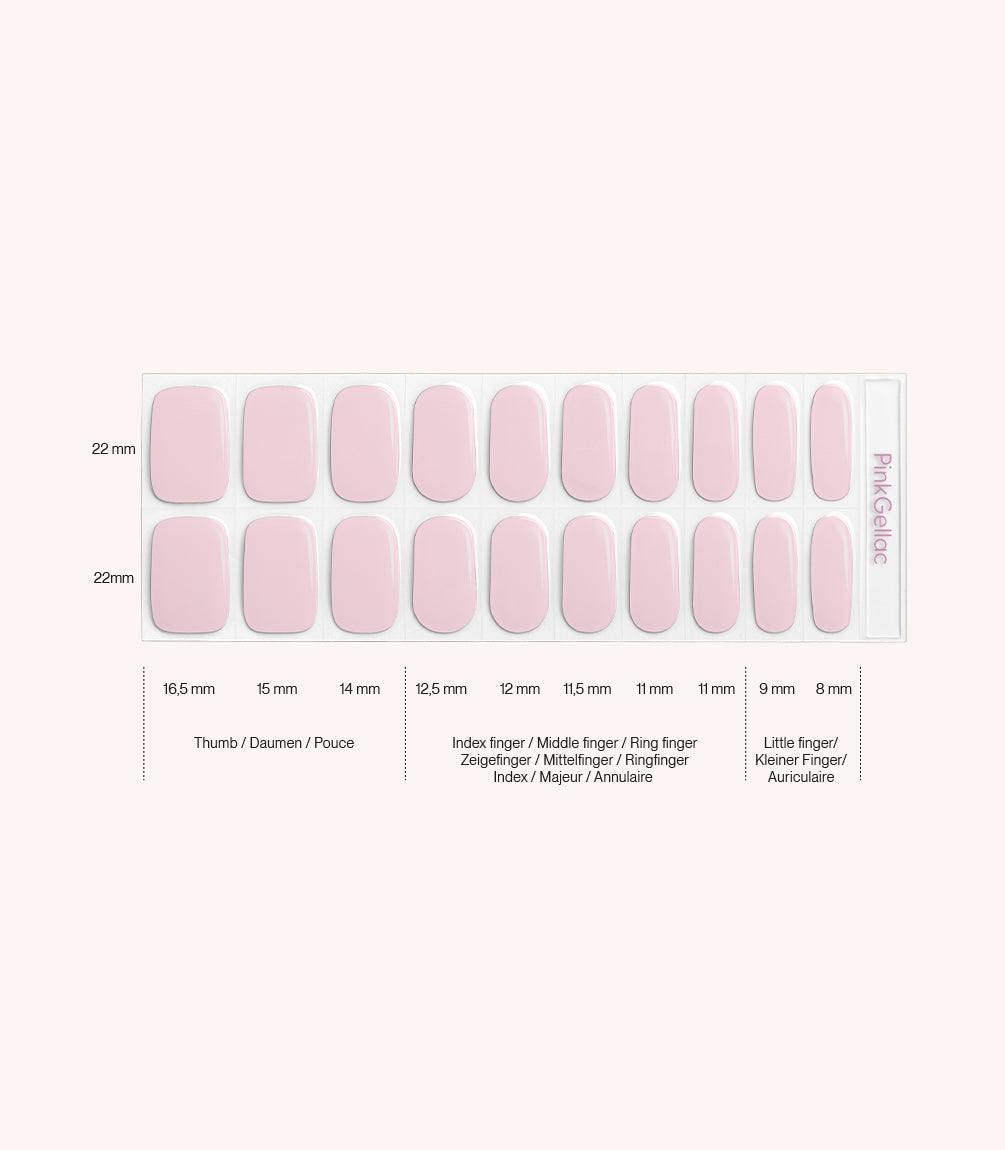Image of a set of pink nail strips from Pink Gellac in different sizes, suitable for thumbs, index fingers, middle fingers, ring fingers and little fingers.