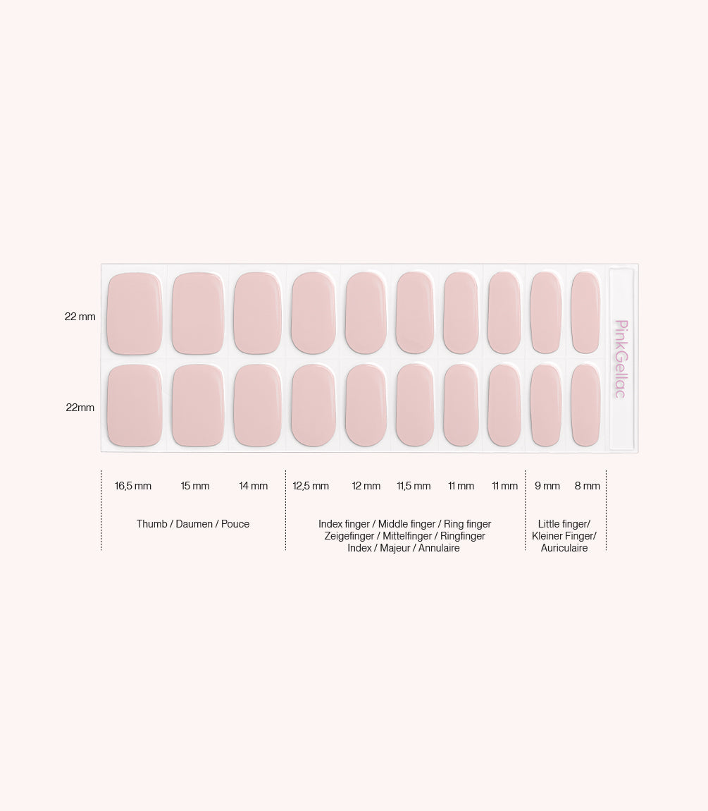Set of pink nail stickers in different sizes from 16.5 mm to 8 mm, sorted by finger.