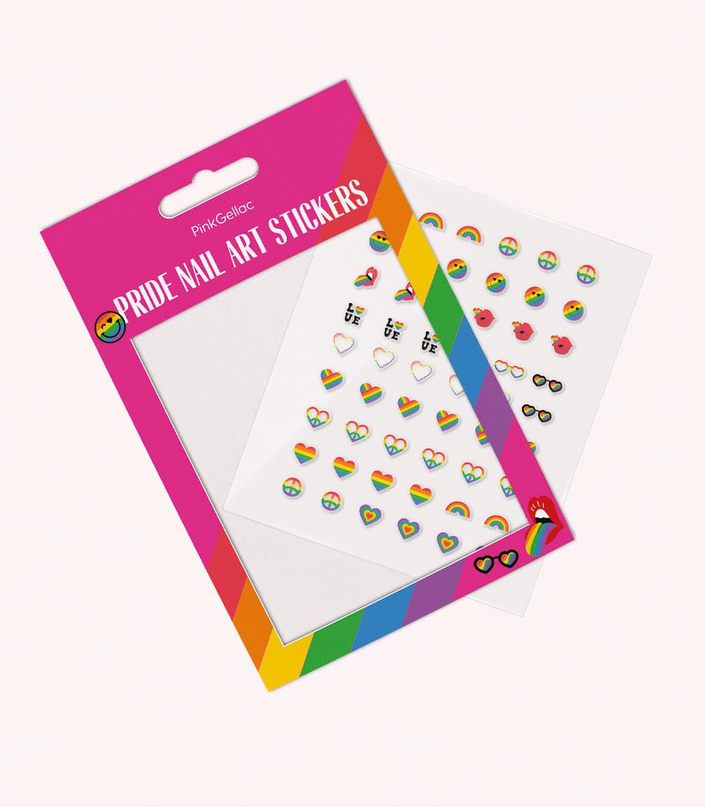 Image of a package with Pride Nail Art Stickers from Pink Gellac, decorated with rainbow colors and different designs such as hearts, rainbows and emojis.