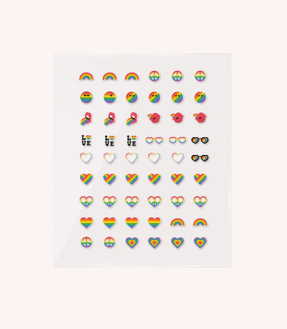 A sheet of stickers with various rainbow themes, including rainbows, hearts, eyes and the word "love".