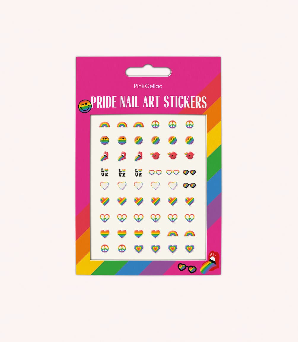 Packaging of "Pride Nail Art Stickers" with various rainbow and pride designs on a colorful background.