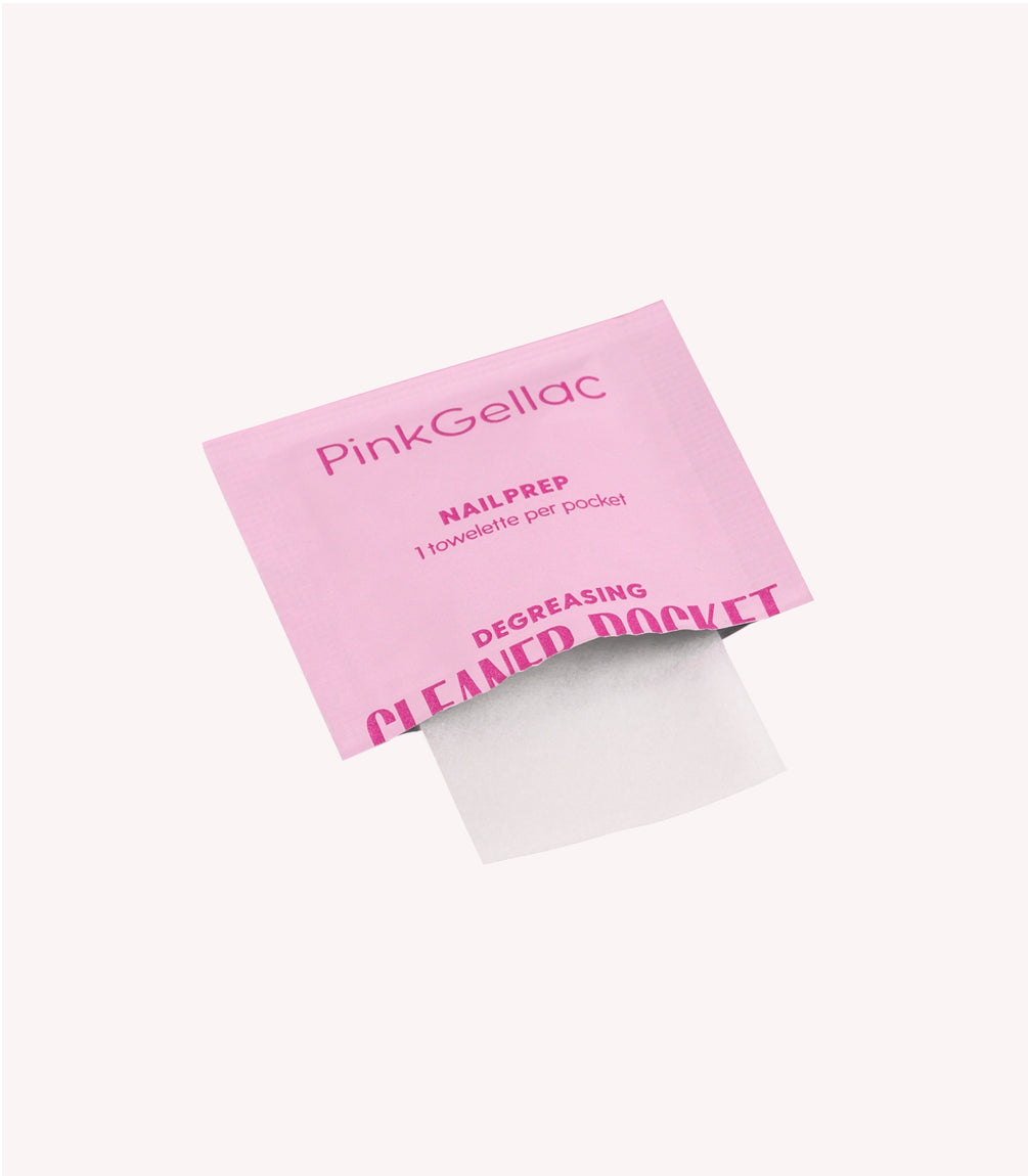Pink packaging of a PinkGellac NailPrep wipe for degreasing and cleaning.