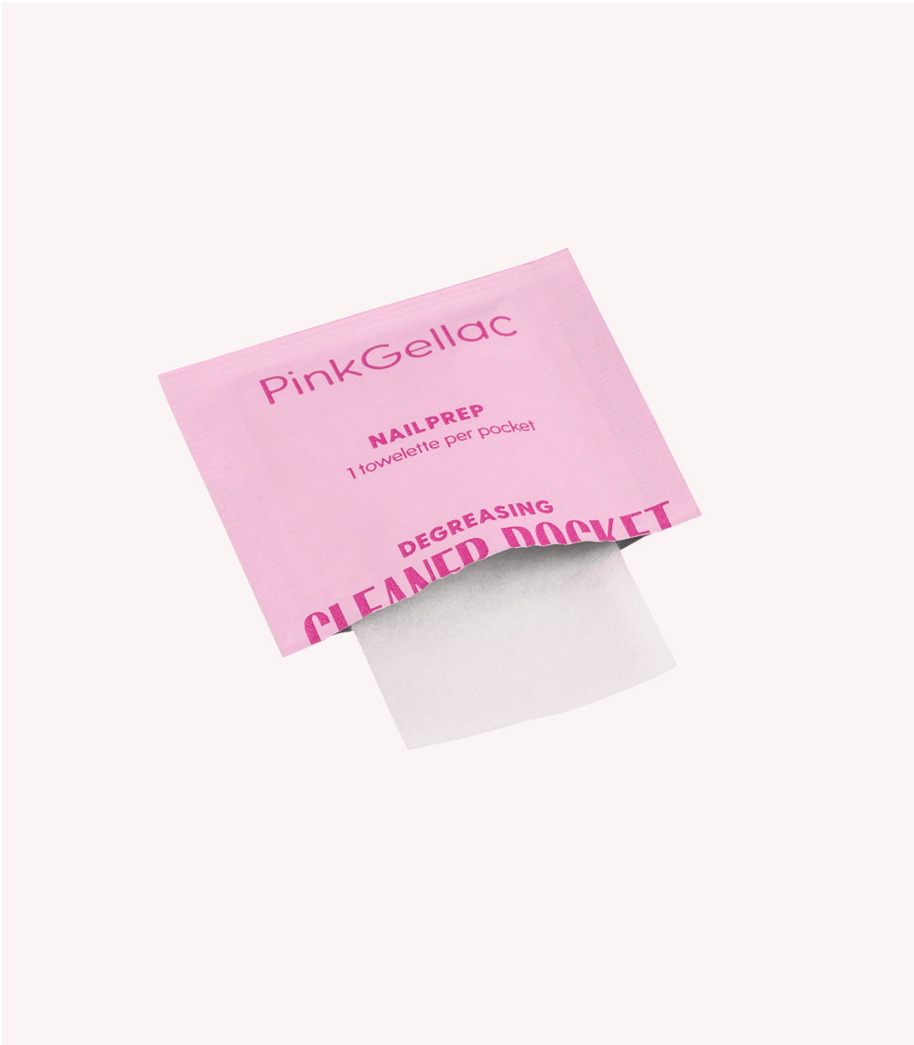 Pink packaging of Pink Gellac Nailprep with a cloth sticking out.