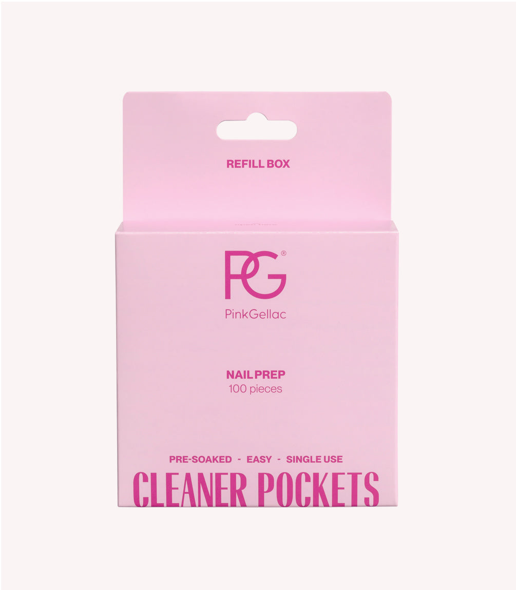 Pink packaging of Pink Gellac Cleaner Pockets for nail preparation, with 100 pre-soaked, easy and one-time use pieces.