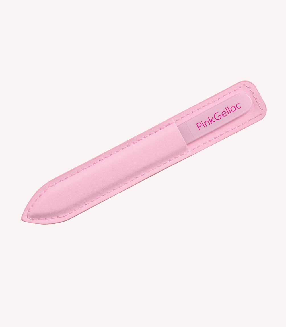 Pink glass nail file in a matching pink case.