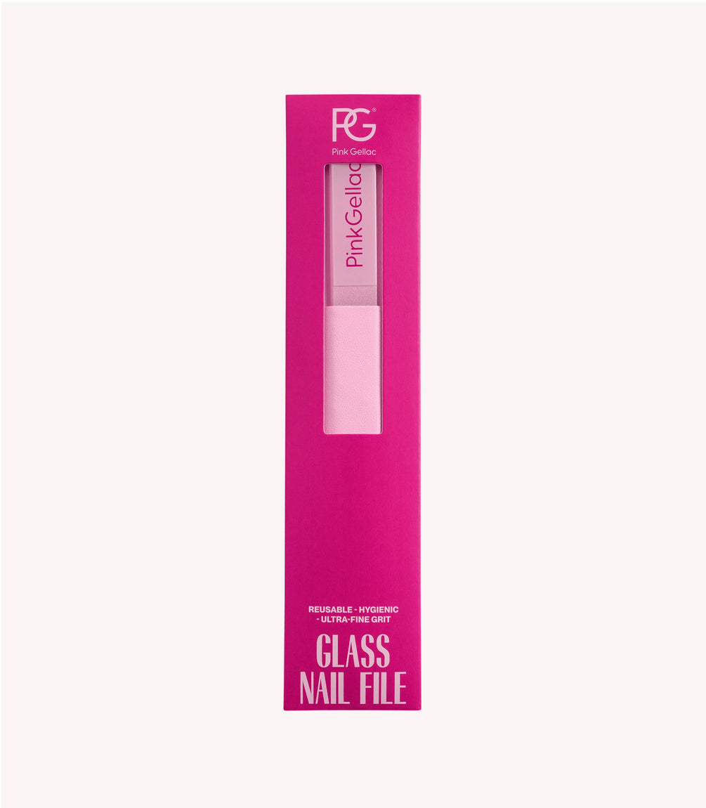 Pink packaging of a glass nail file with the brand and description "Reusable - Hygienic - Ultra-Fine Grit".