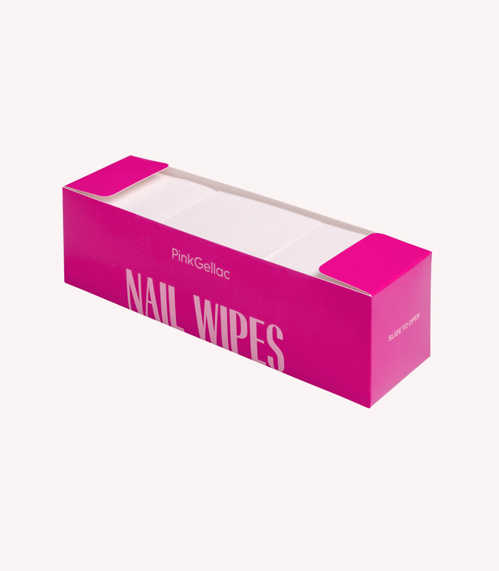 Pink box with "Pink Gellac Nail Wipes" imprint and partially opened drawer.