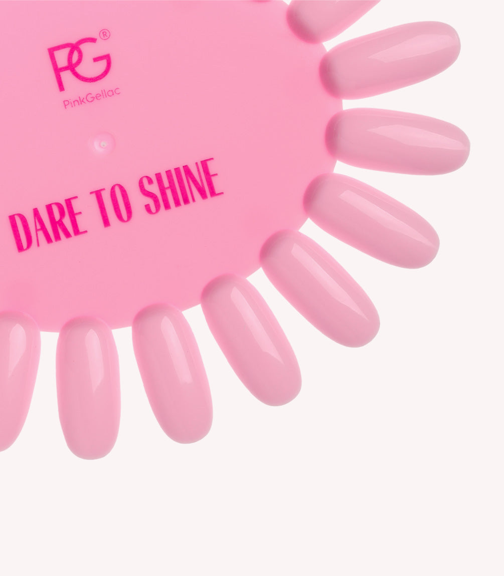 Pink color swatch with the text "DARE TO SHINE" and oval nail examples.