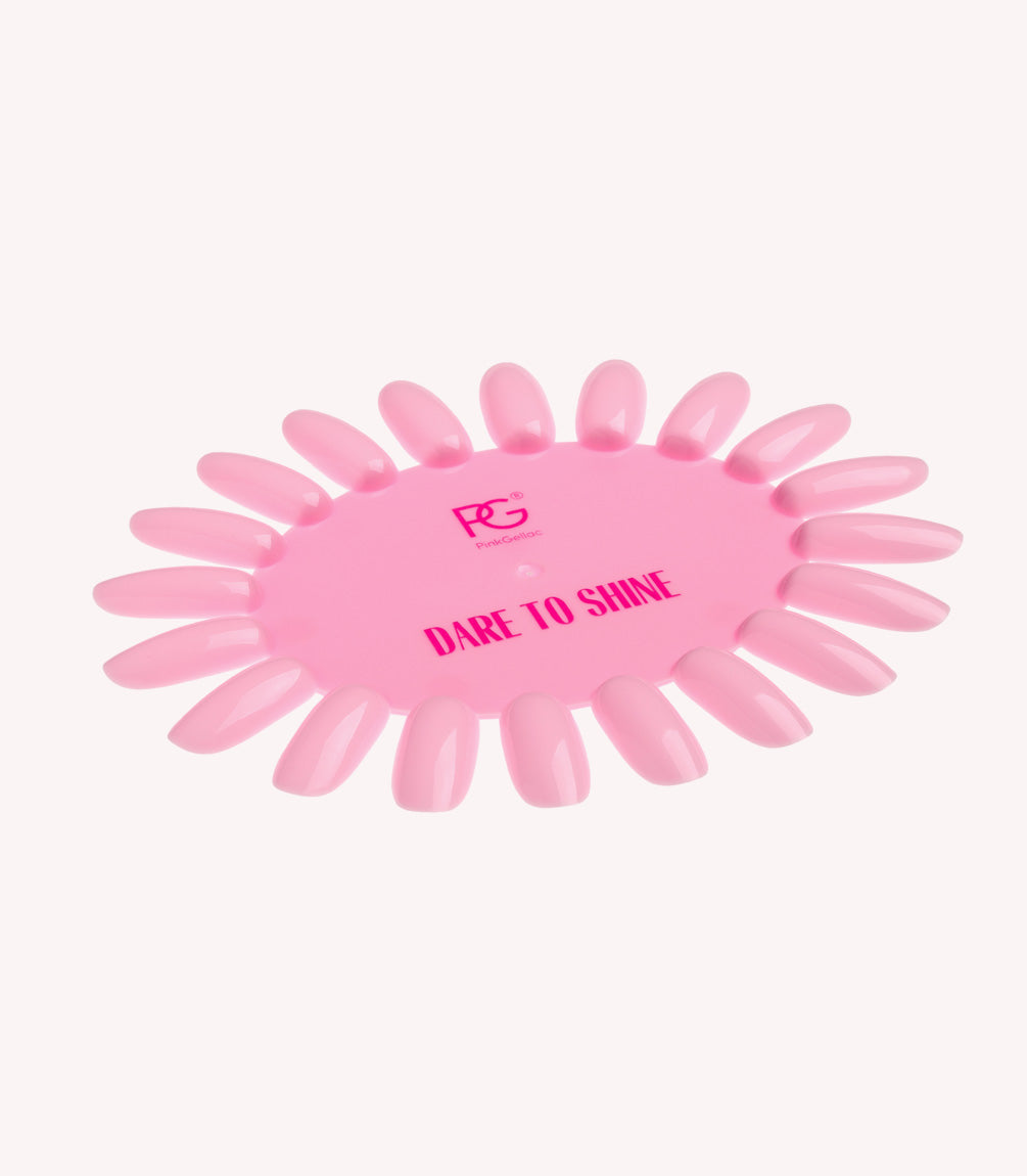 Pink nail polish color scheme with the text "Dare to Shine" in the middle.