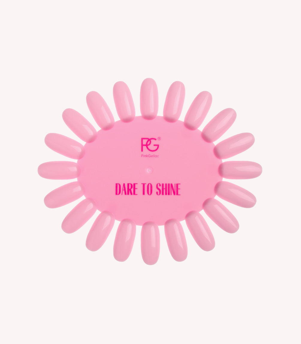 Pink nail palette with the text "DARE TO SHINE" and the logo of PinkGellac.