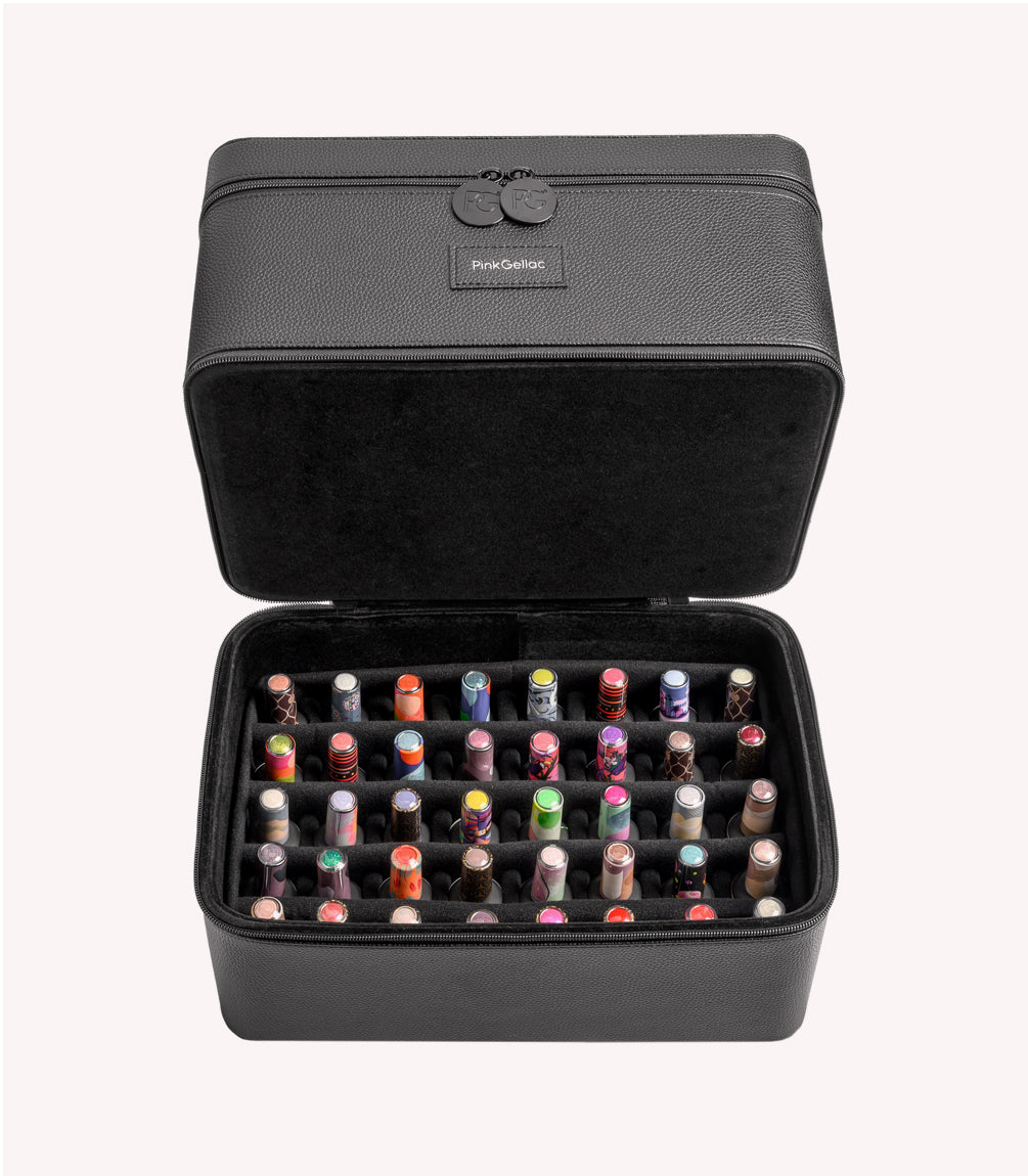 Black storage bag with various gel nail polishes in a grid, seen from above.