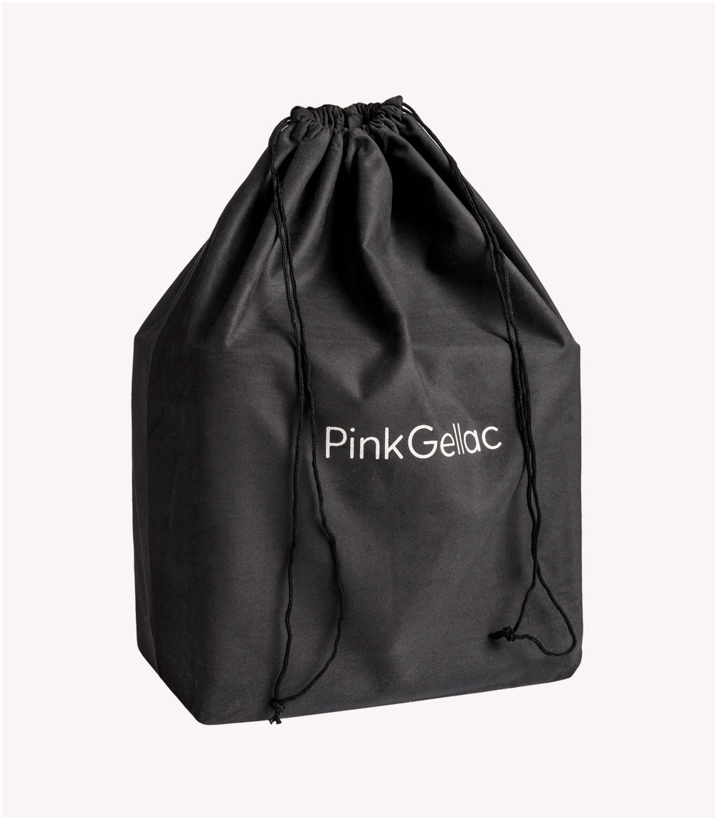Black fabric drawstring bag with the "Pink Gellac" logo printed on it.