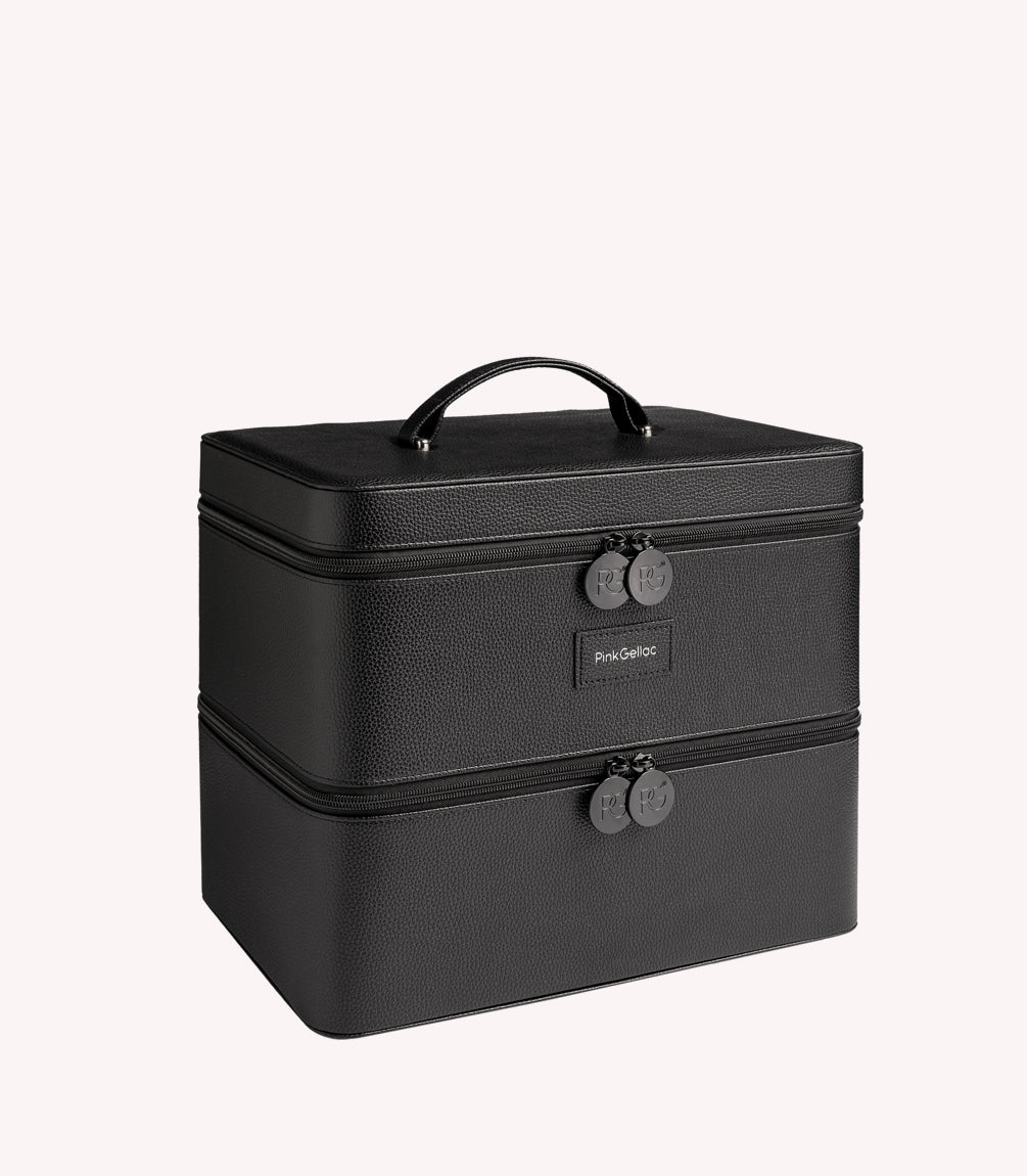 Black storage bag with two compartments, double zippers and a handle at the top.
