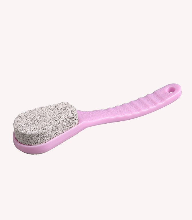 Pink pumice stone with a handle for foot care.