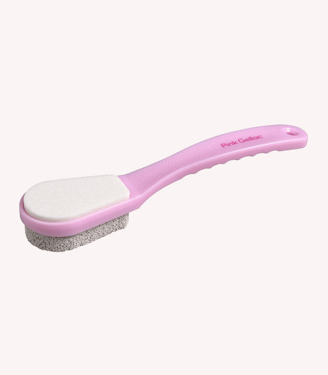 Pink foot file with a white sanding layer and pumice stone sole on a handle.