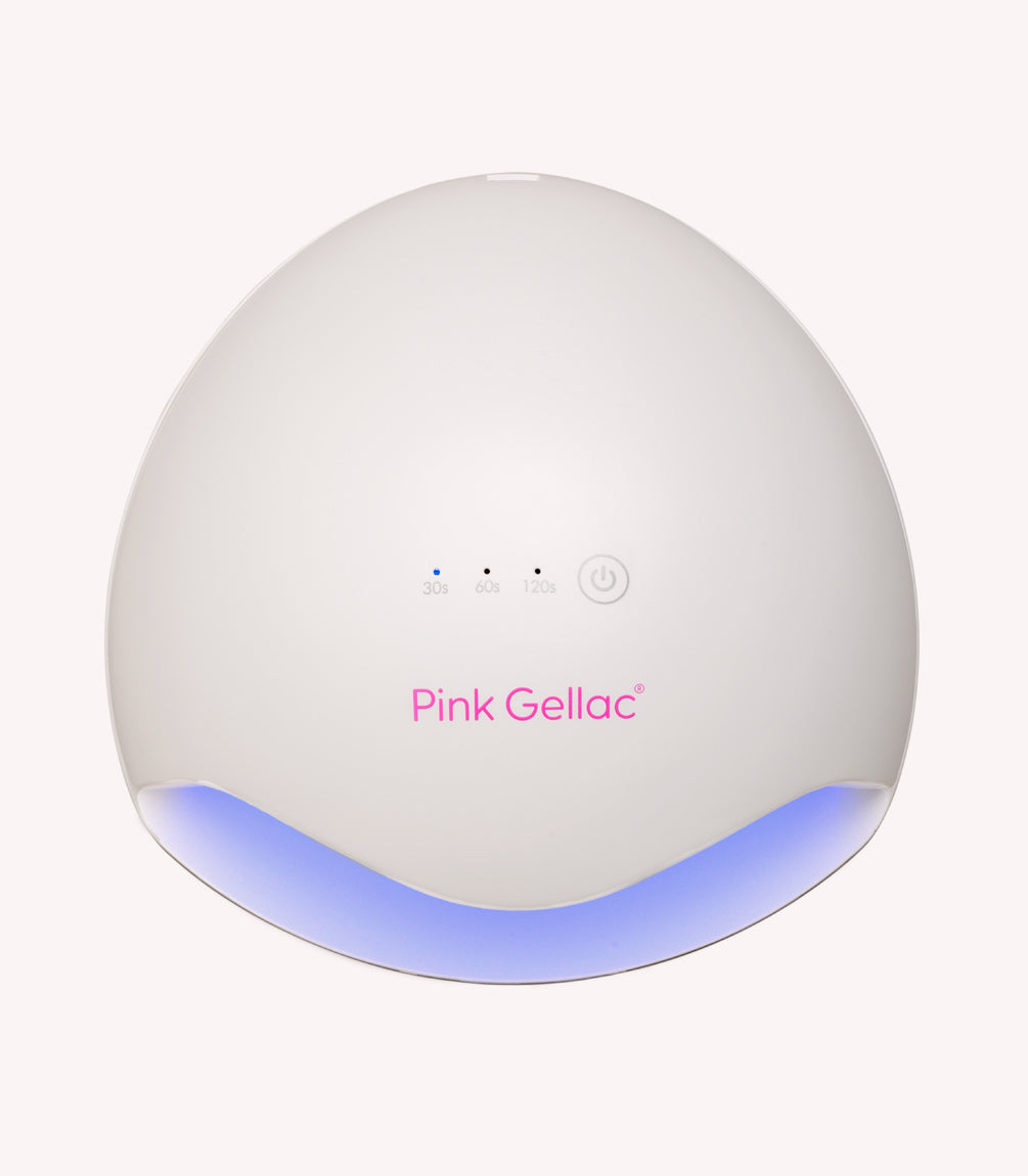 LED nail lamp from Pink Gellac with a curved design, timer options and blue light at the bottom.