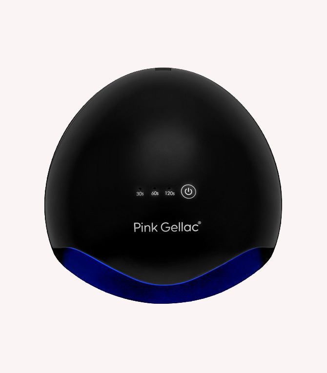 Black LED lamp for nails from the brand Pink Gellac with timer options of 30, 60, and 120 seconds and an on/off button.