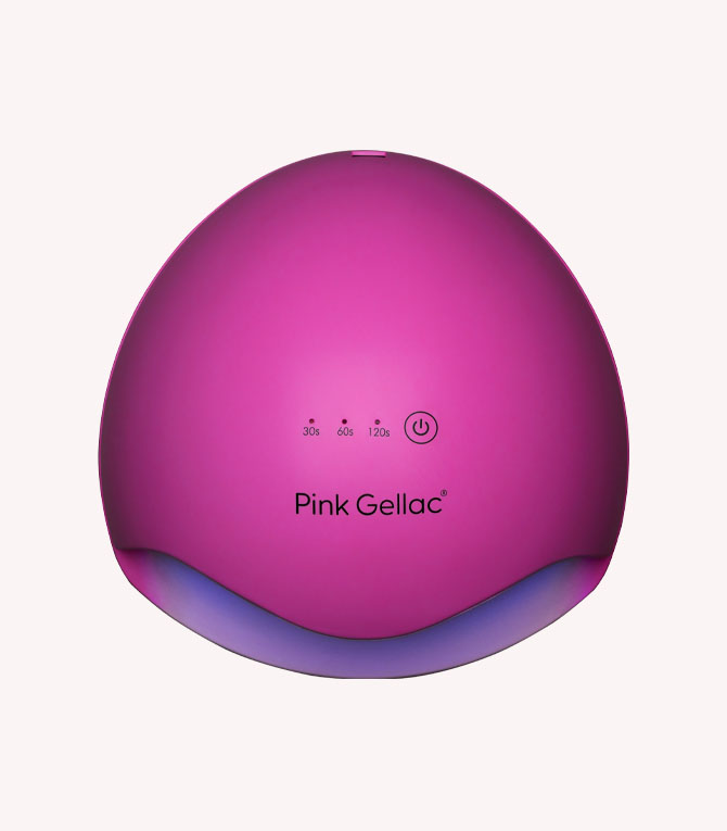 Pink UV LED lamp for nail gel, with timer options and on/off button, brand Pink Gellac.