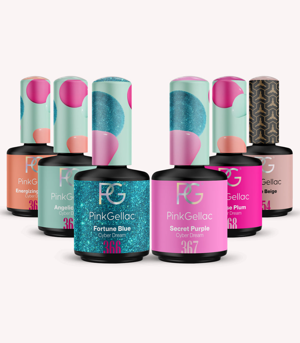 Seven bottles of Pink Gellac nail polish in different colors and designs, arranged in a group.