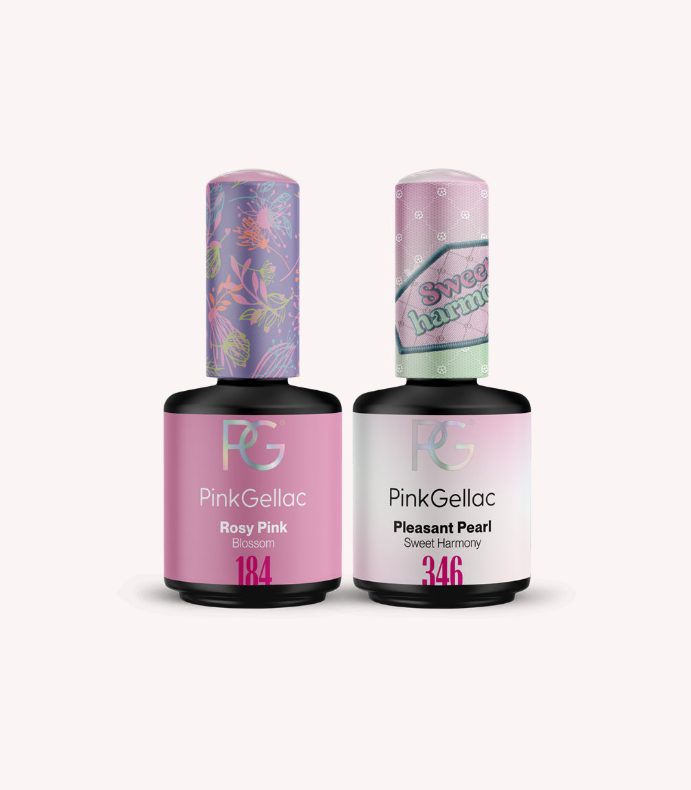 Two bottles of Pink Gellac nail polish, one with Rosy Pink Blossom (No. 184) and the other with Pleasant Pearl Sweet Harmony (No. 346), with decorative caps.