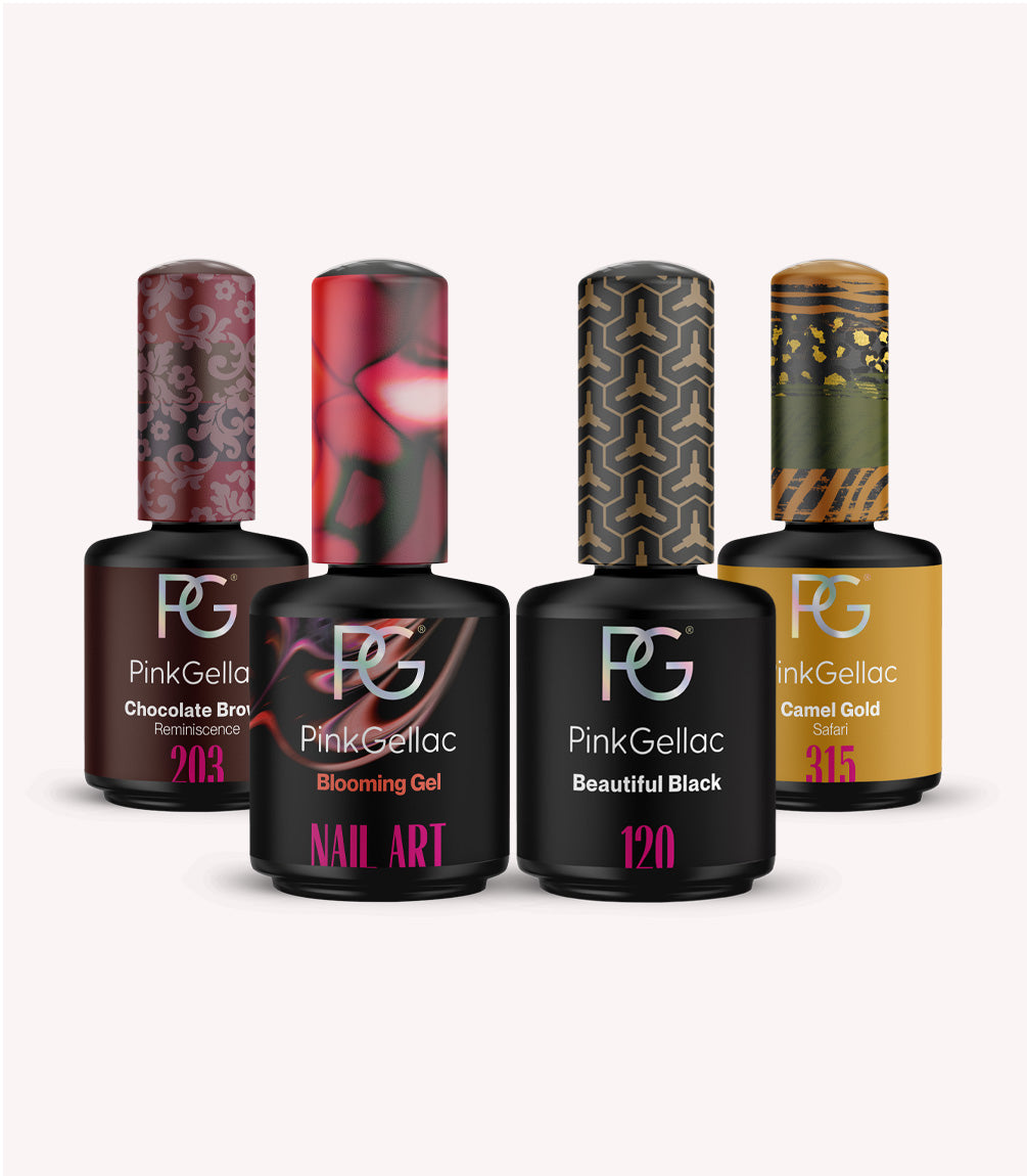 Four bottles of Pink Gellac nail polish with decorative caps in the colors chocolate brown, blooming gel, beautiful black and camel gold.