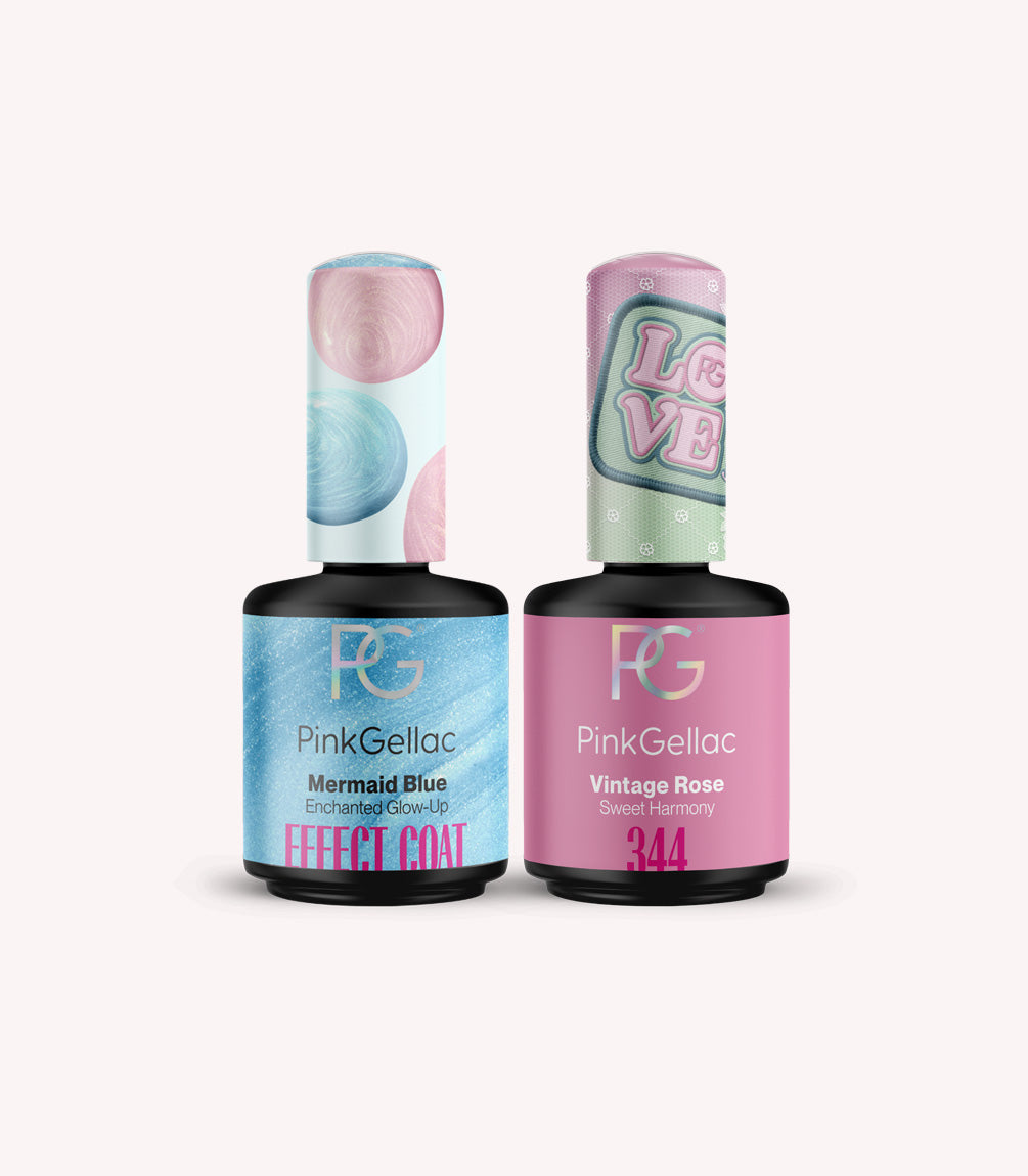Two bottles of Pink Gellac nail polish in the colors Mermaid Blue and Vintage Rose.