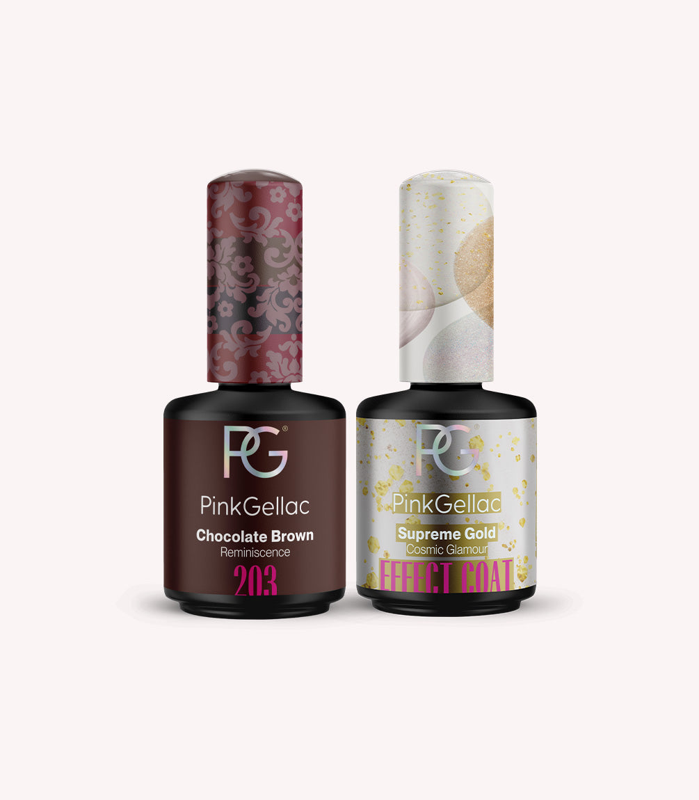 Two bottles of Pink Gellac nail polish: left in "Chocolate Brown" and right in "Supreme Gold" with a decorative design on the caps.