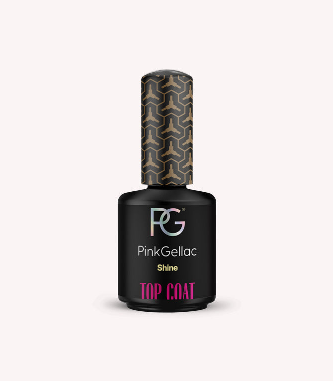 Black bottle of Pink Gellac Shine Top Coat with detailed pattern on the cap.