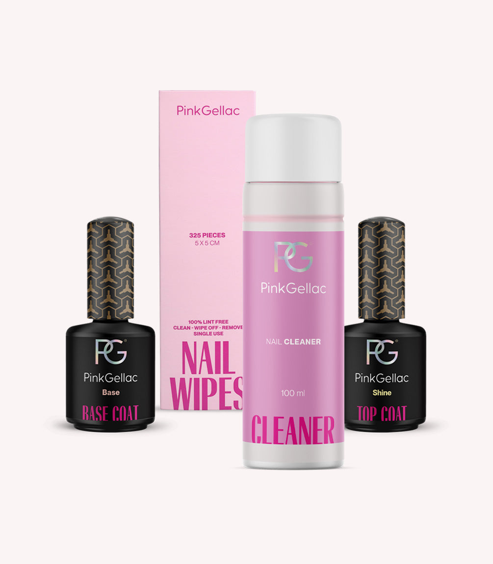 An image with Pink Gellac nail care products, including a base coat, top coat, nail cleanser and a box of nail wipes.