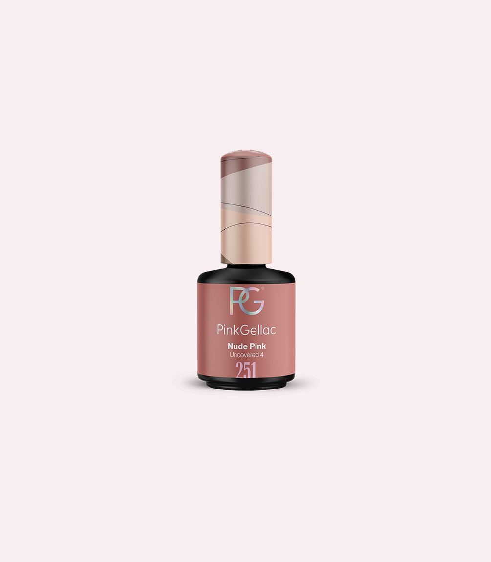 Bottle of Pink Gellac nail polish in the color Nude Pink on a light background.