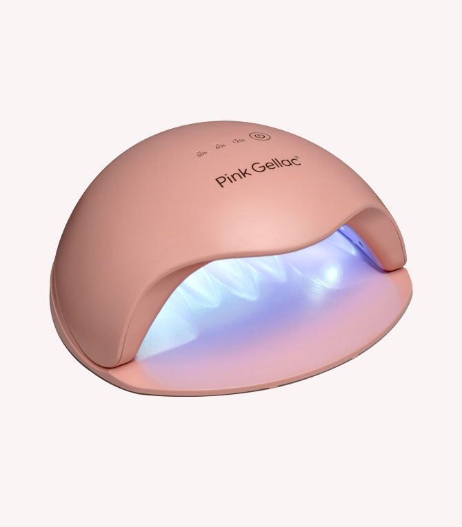 Pinky-rose colored LED nail lamp with brand name "Pink Gellac", radiant blue light.