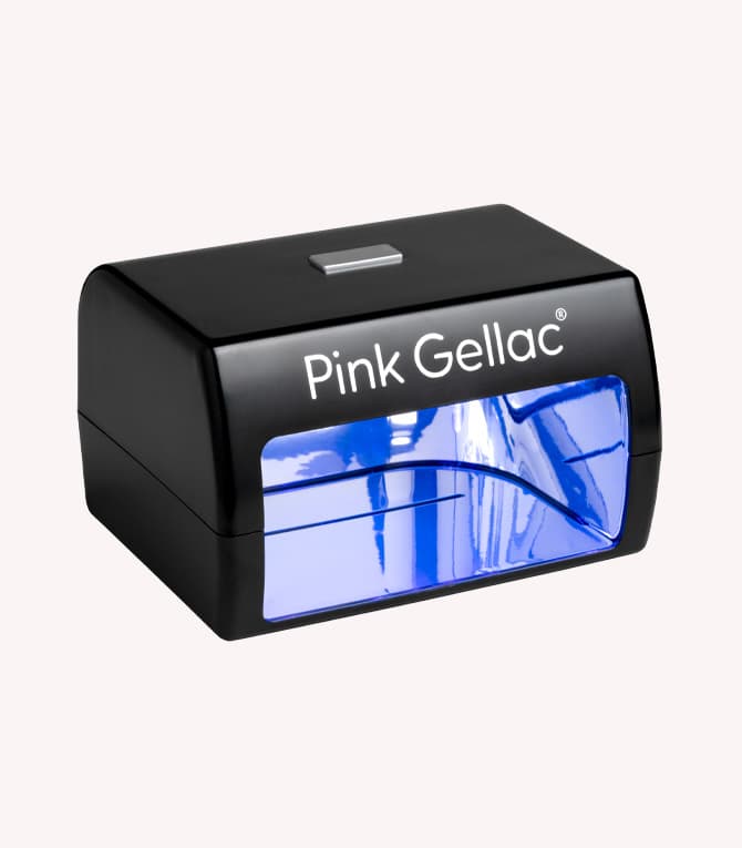 Black LED nail lamp with the brand "Pink Gellac", with a blue interior lighting.