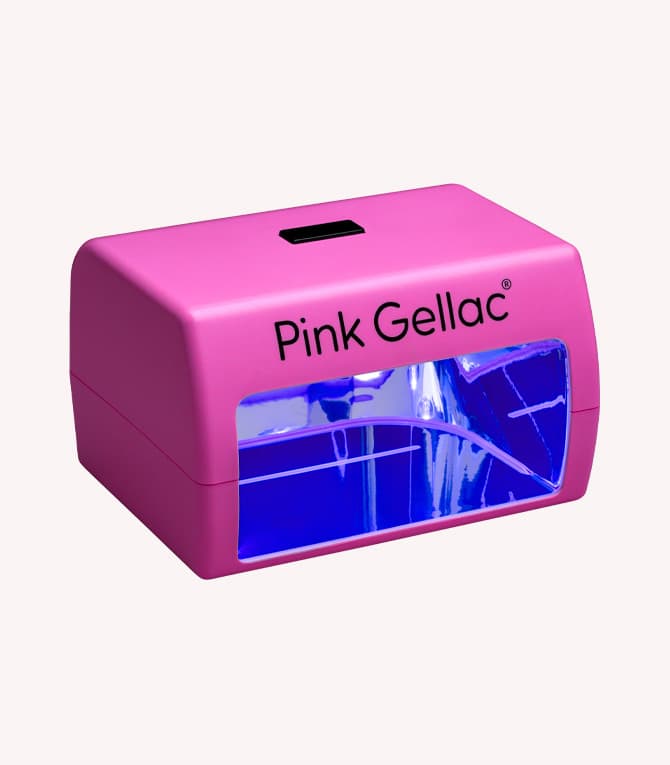 A pink nail polish dryer with the text "Pink Gellac" on it, with a blue interior lighting.