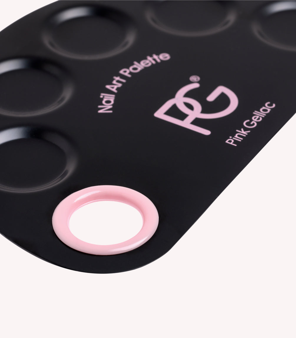 Black nail art palette from Pink Gellac with multiple cutouts and a pink ring detail.