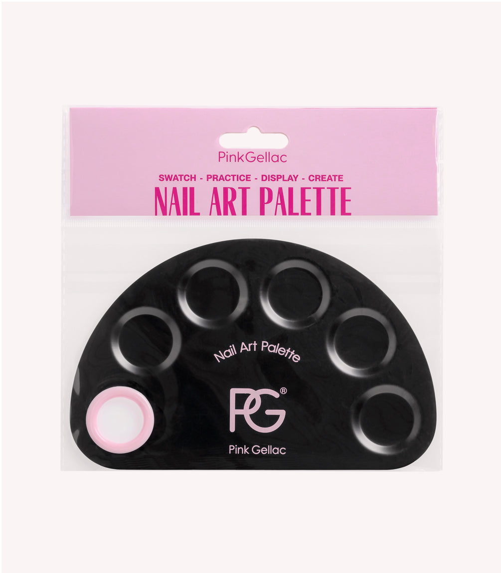 Black nail art palette from Pink Gellac, packed in a pink-topped bag and six round compartments for nail polish.