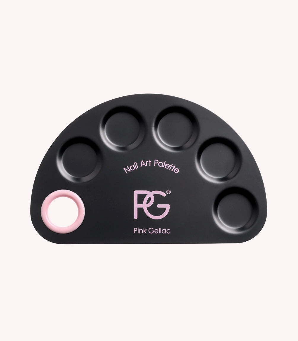 Black semi-circular nail art palette with six dimples and pink border, with "Nail Art Palette" print and "Pink Gellac" logo.