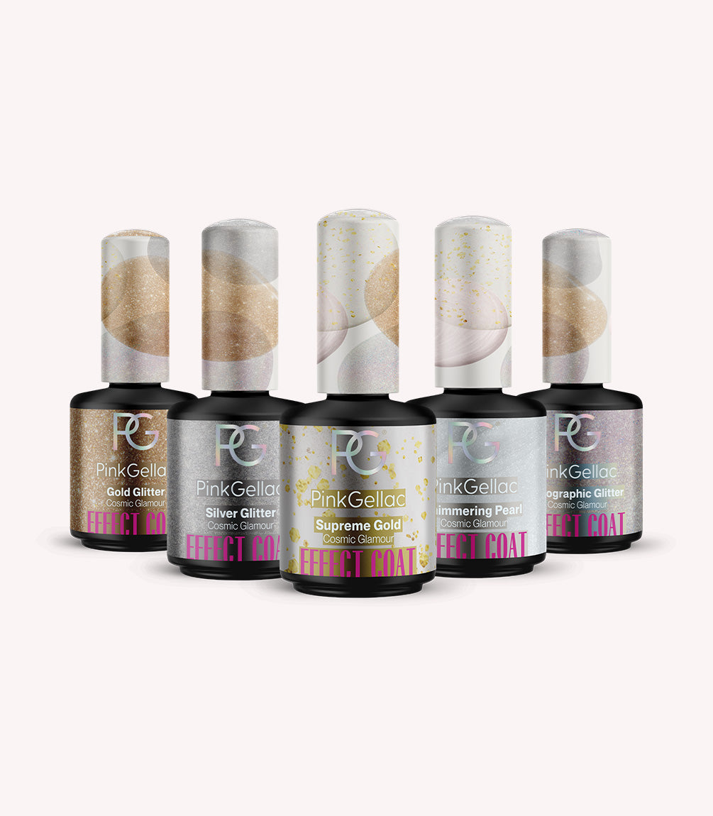 Five bottles of Pink Gellac nail polish in different glitter shades, such as gold, silver and mother-of-pearl, against a light background.