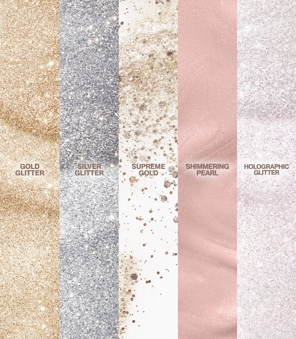Five vertical stripes with different glitters: gold, silver, gold dots, pink pearl and holographic glitter.