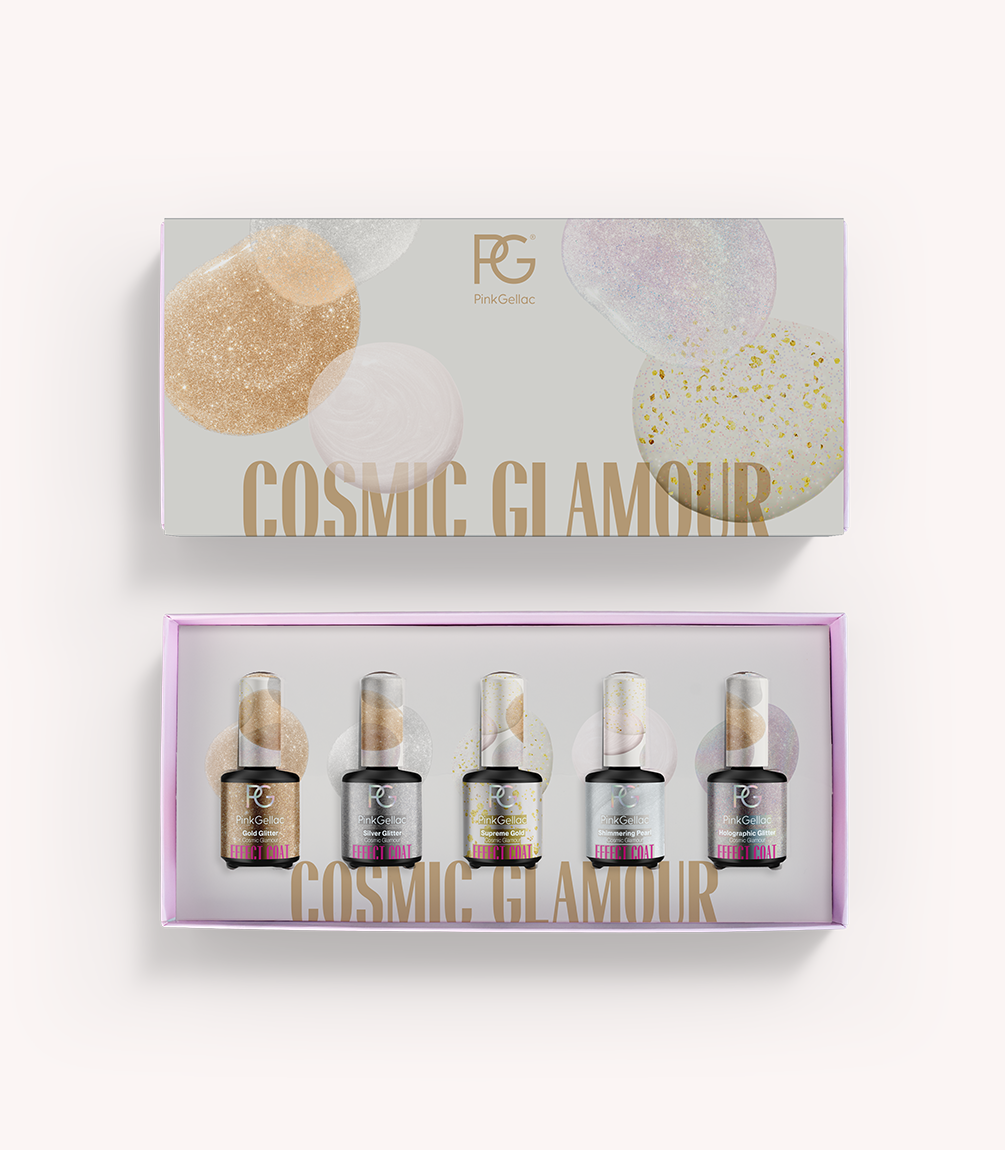 Pack of five bottles of nail polish in a box with the text "COSMIC GLAMOUR" and colorful, glittering designs.