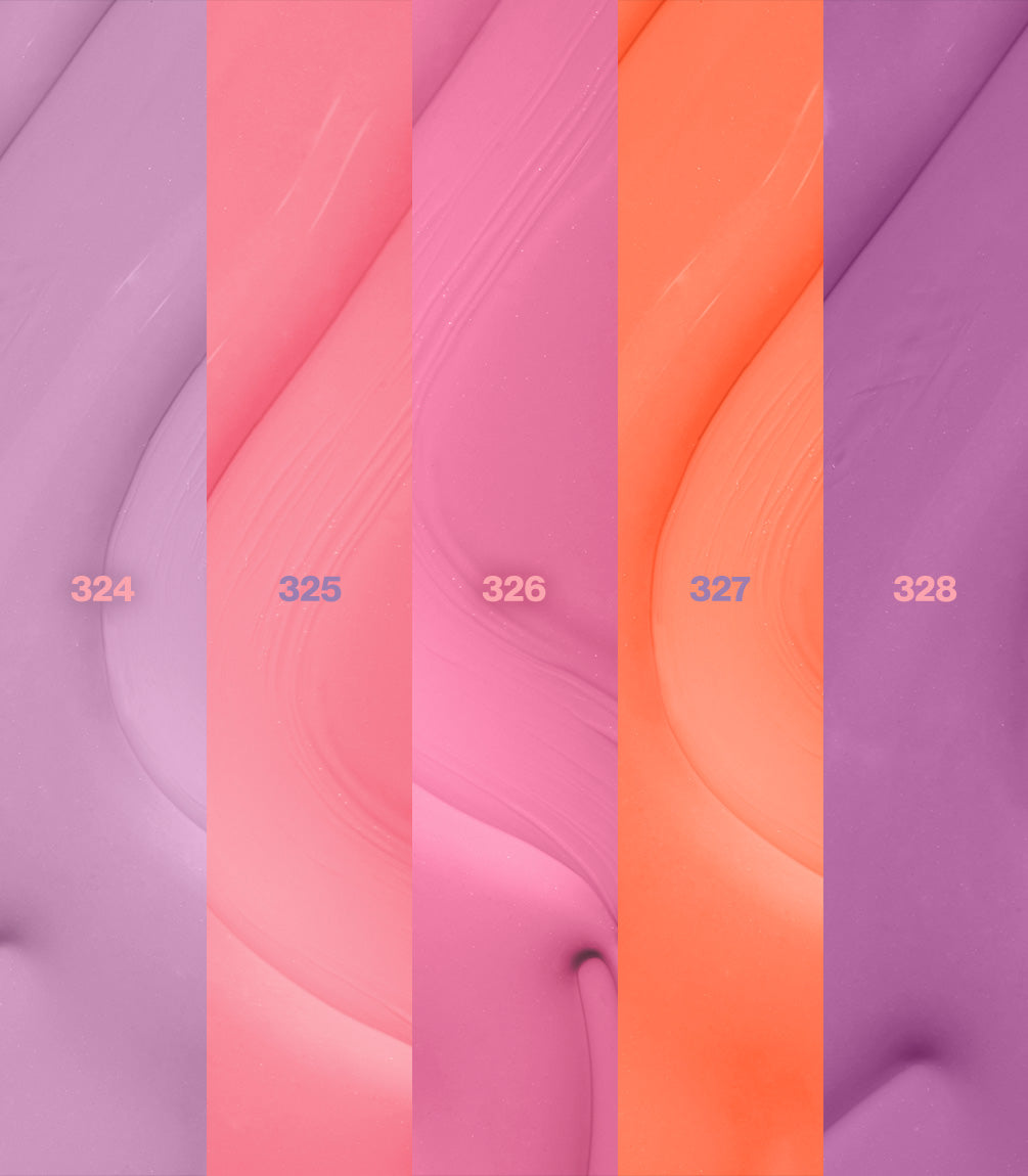 Pastel color stripes: purple (324), light pink (325), pink (326), orange (327), lilac (328), with subtle texture.