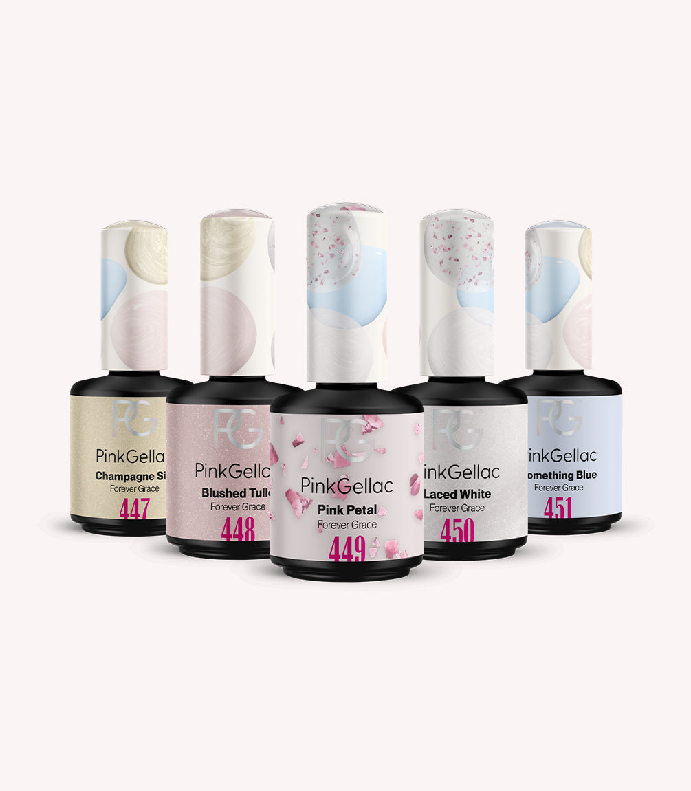 Five bottles of Pink Gellac nail polish in different pastel shades, arranged next to each other.