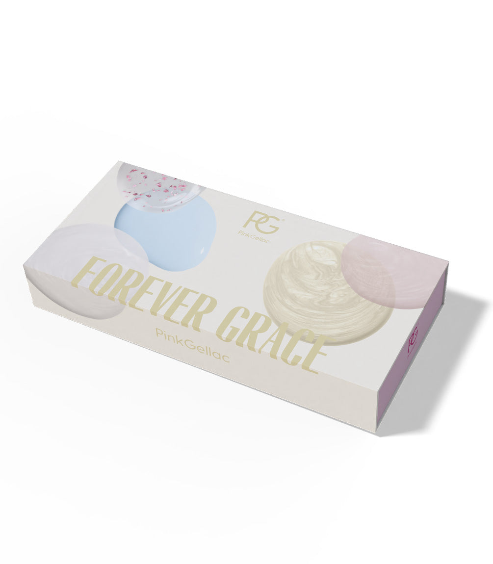 Pink Gellac packaging with the text "Forever Grace" and images of colored nail polish bubbles.